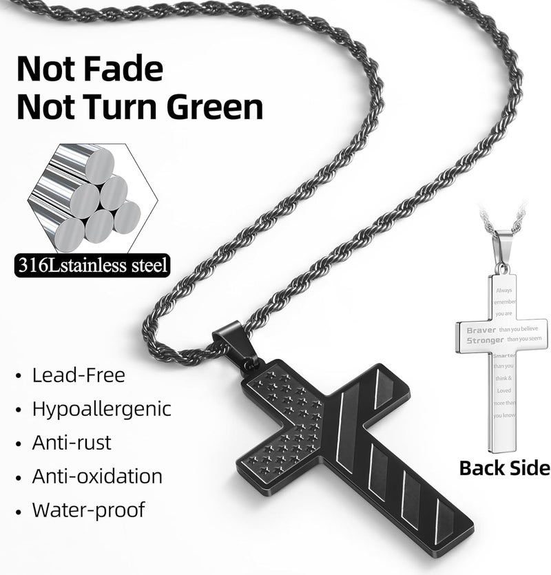 ROMASS 2Pcs Cross Necklace for Men Boys, Bible Verse Christmas Gifts Stainless Steel Silver Black American Flag Chains for Men Pendant Jewelry Box - Image 3